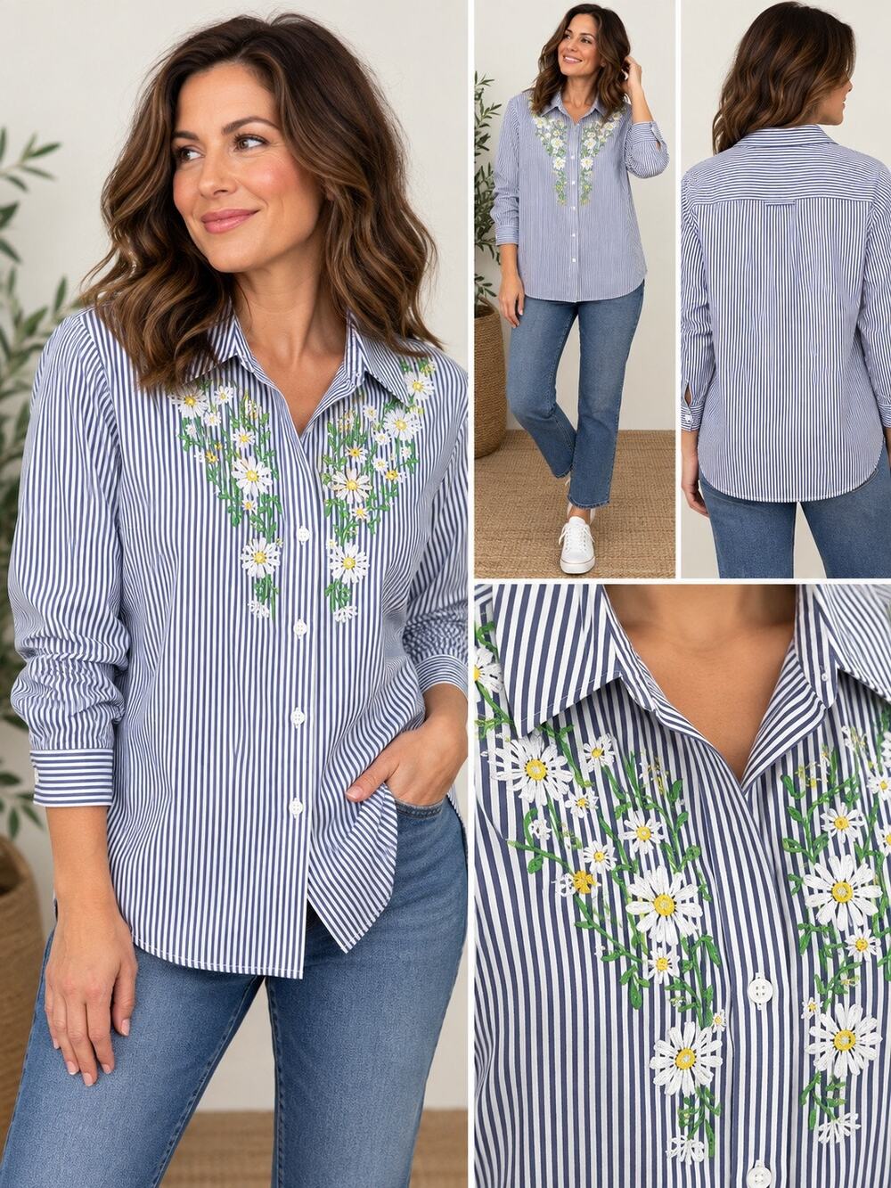 Quacker Factory XL Blue White Stripe Daisy Embroidered Button Down Cotton Shirt